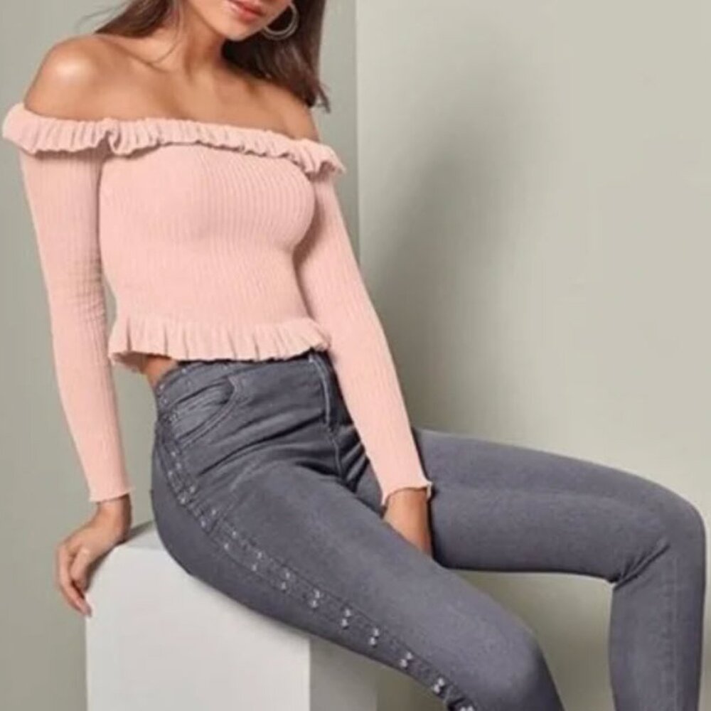 Women's Venus Off-the-shoulder crop Pink Sweater with Ruffles Size M